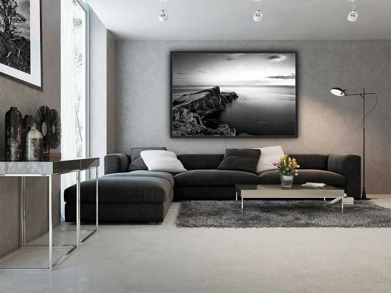 A fine art print in black and white of the Isle of Skye exposed in a living room.
