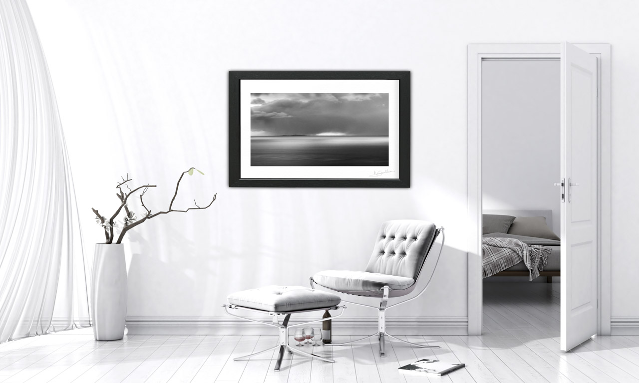 A fine art print in black and white of the Isle of Skye exposed in a contemporary and modern interior.
