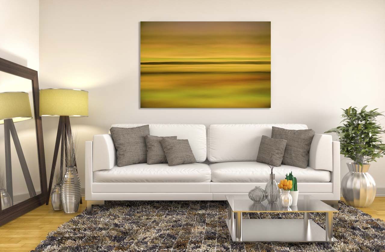 An abstract fine art print in color exposed in a living room. Reflections at the surface of water.