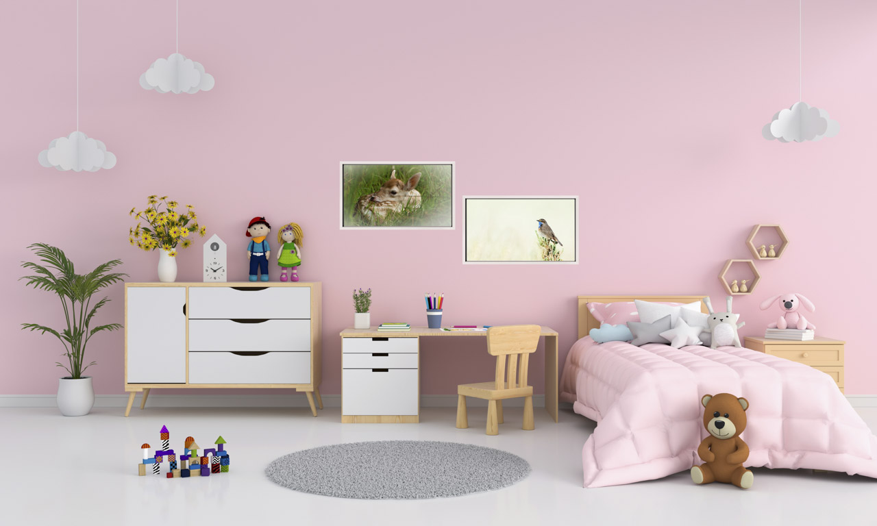 Wildlife fine art prints exposed in a child's bedroom: a little girl.