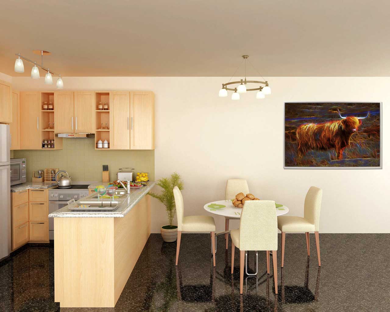 A fine art print showing a highland cow in fusion style displayed in a kitchen.