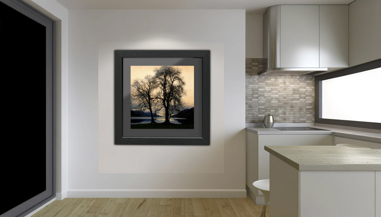 A fine art print showing a tree with the museum finish displayed in a kitchen.