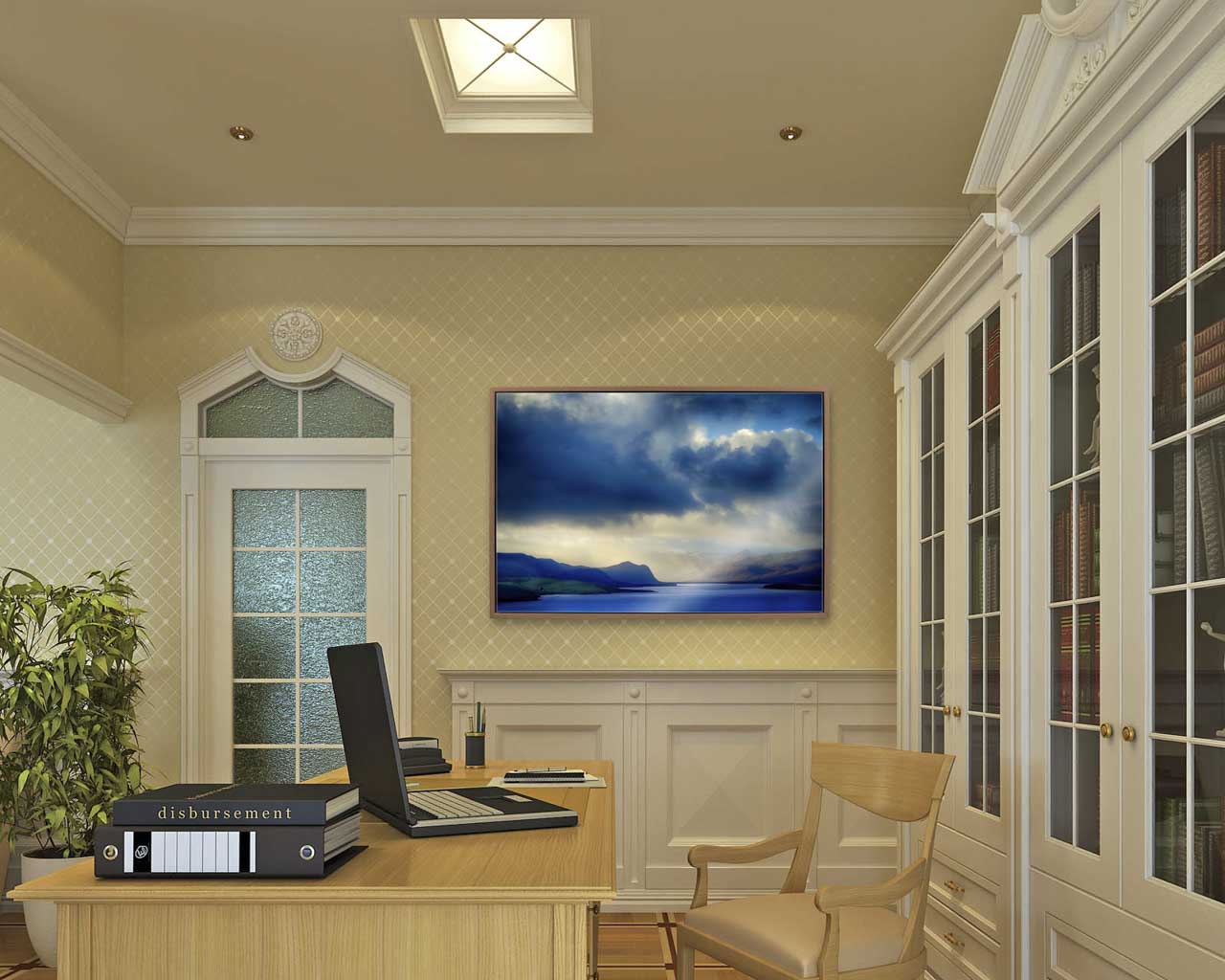A full-color art photo of a seascape of Scotland displayed in an 'old-fashioned' office. It re-energizes without having to change the decor.