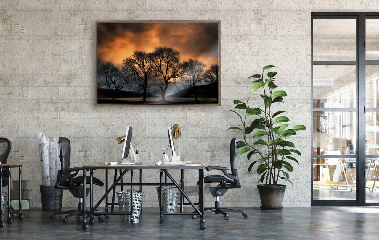 Une photo d'art du Loch Ness exposée dans un cabinet d'architectes. Un moment d'évasion énergiseant dans un bureau moderne.