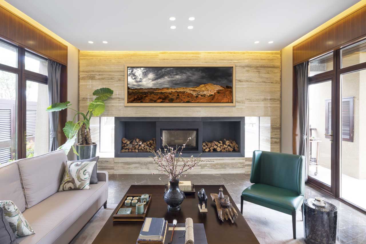 A color fine art print in a panoramic format of Valley of Fire in Nevada esposed in a sitting room.