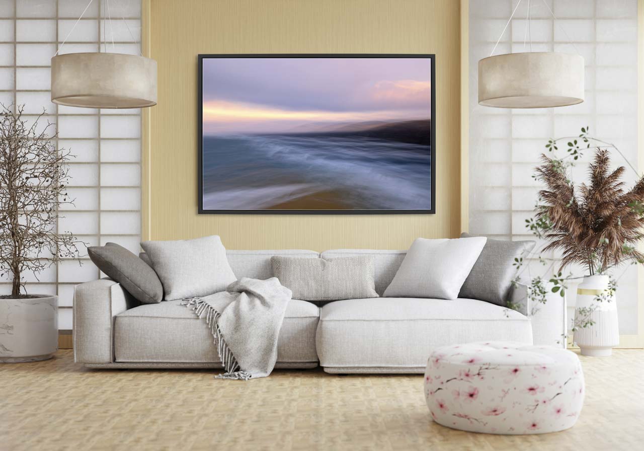 A fine art print of a seascape of Scotland in my style 'Impression' exposed in a modern sitting room. With the contemporay finish, it is a perfect gift for Mother's Day.
