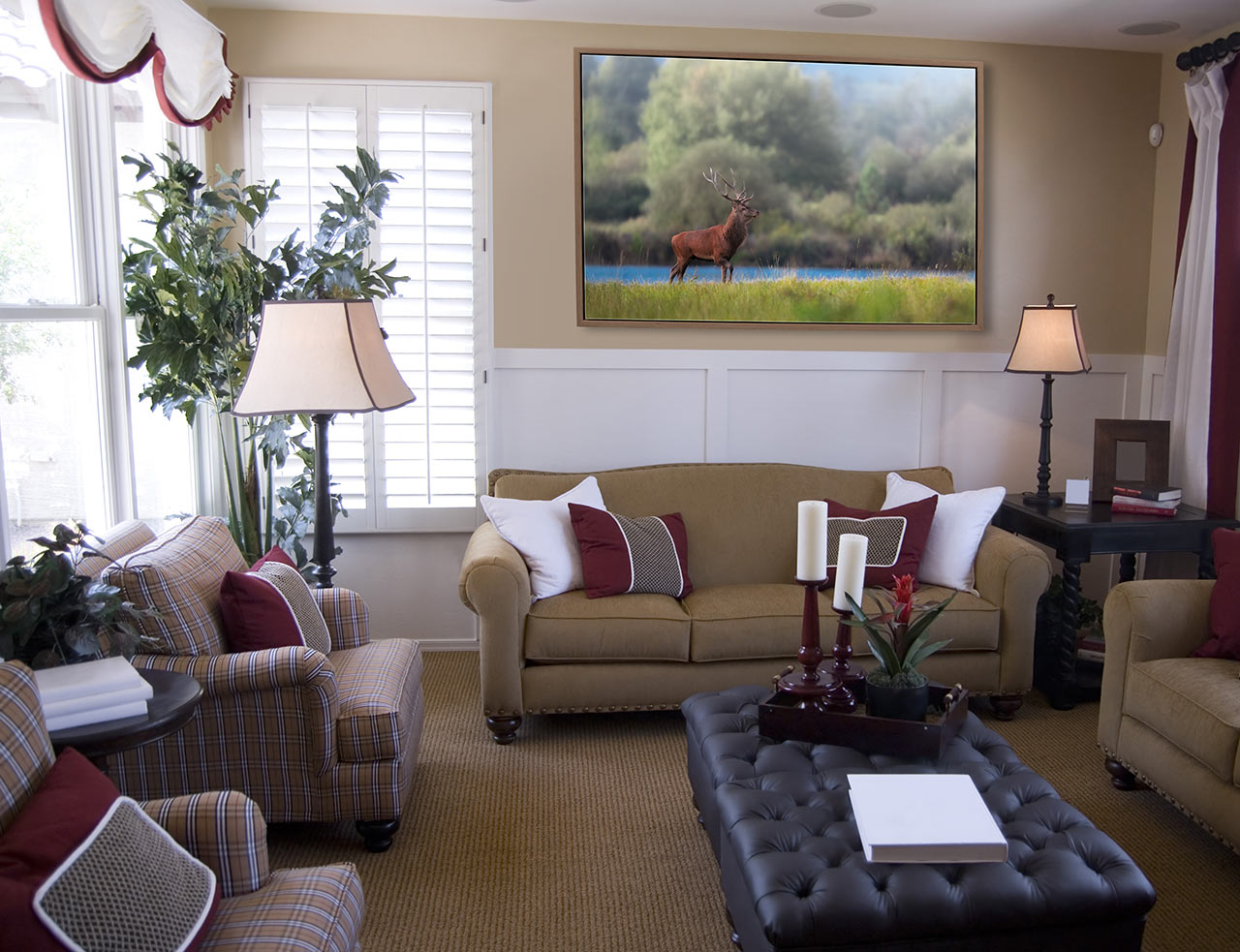 A fine art print of a red deer stag exposed in a sitting room. With the contemporay finish, it is a perfect gift for Father's Day.