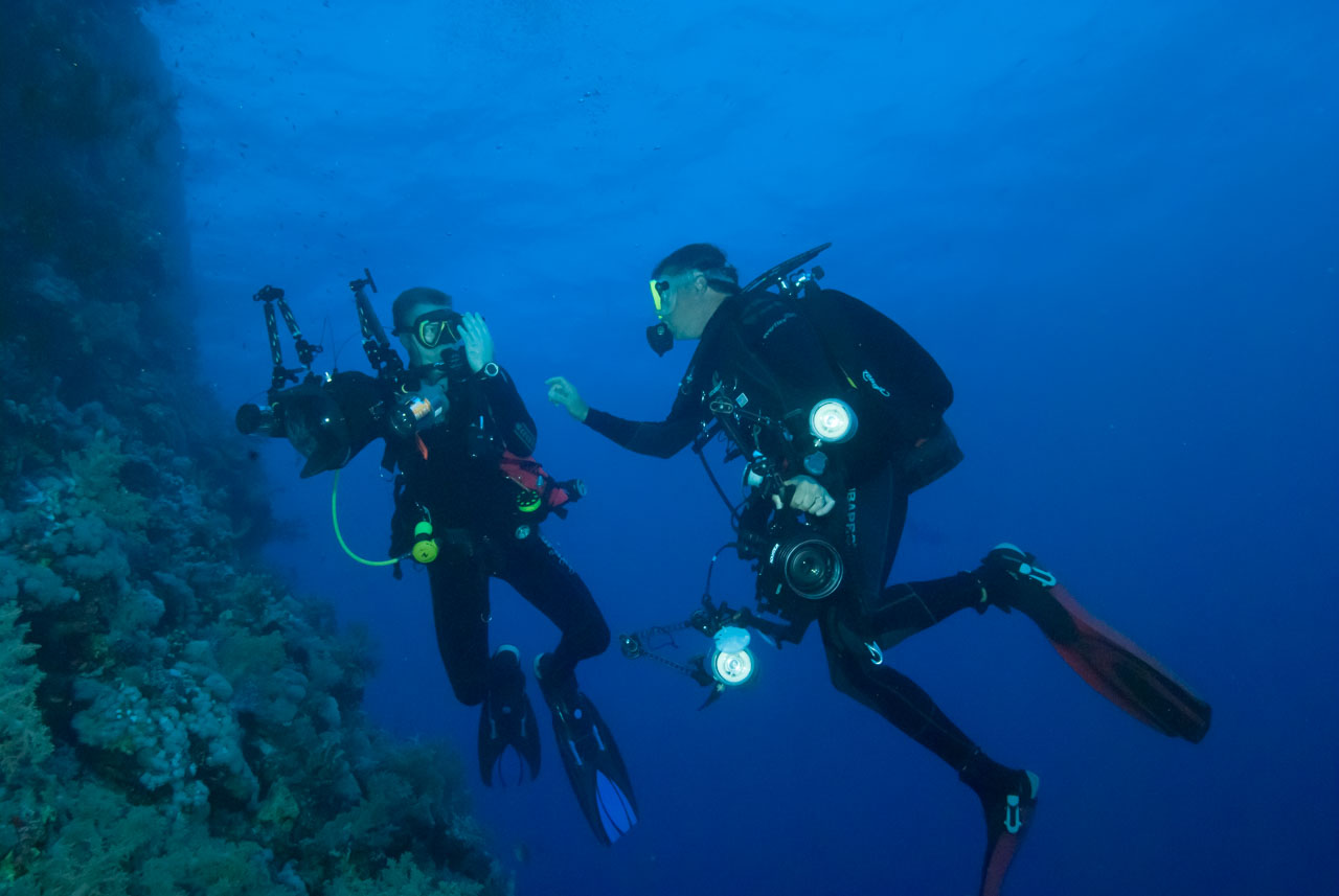 Amar Guillen en train de donner des explications à un stagiaire sous l'eau pendant un stage de photo sous-marine.