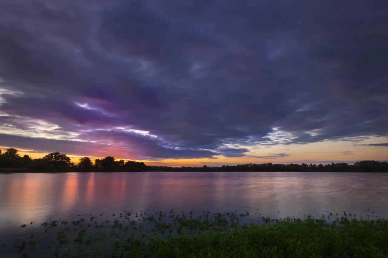 Rising sun over a pond in the Dombes, Ain, France. Fine art Photograph in color by Amar Guillen, photographer artist.