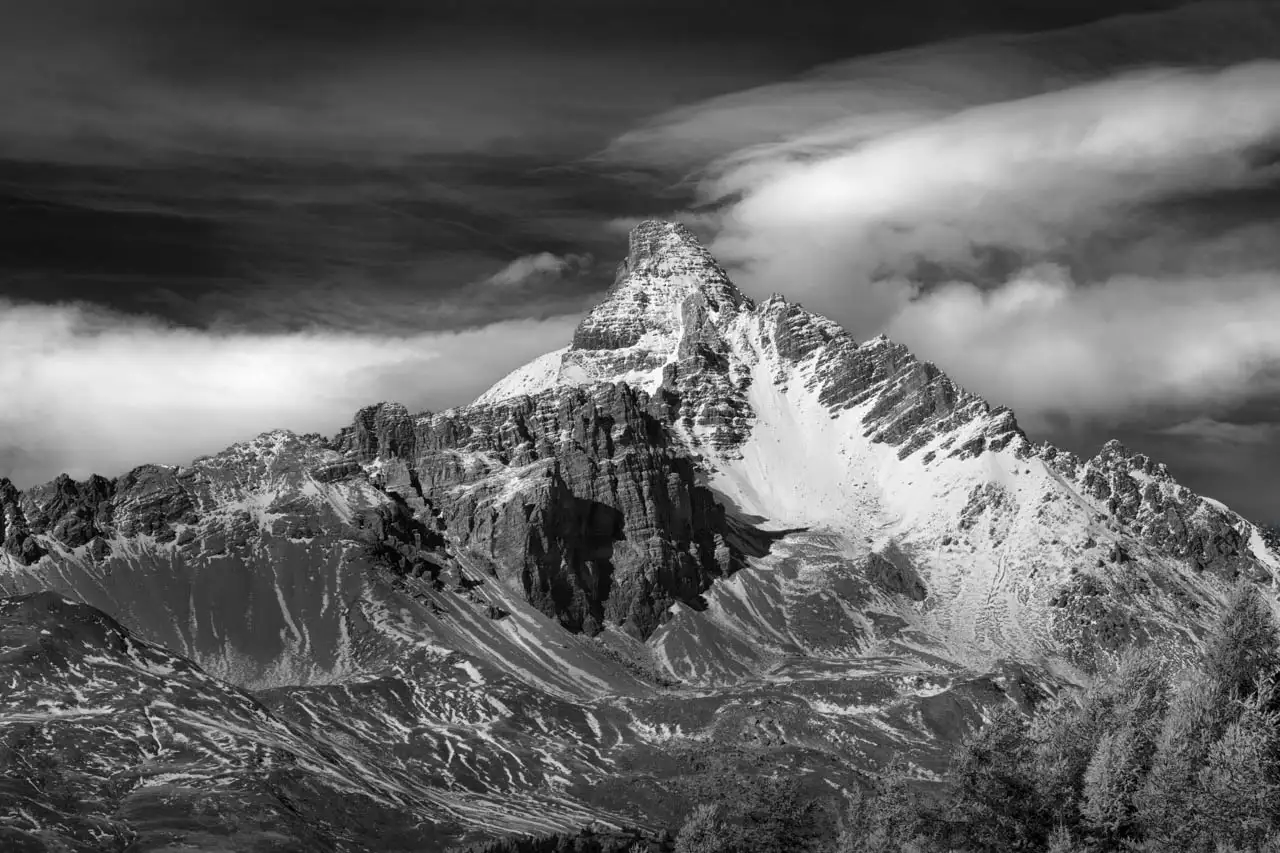 Landscape of the Queyras in Hautes-Alpes in France. Pic de Rochebrune. Fine art Photograph in black and white by Amar Guillen, photographer artist.