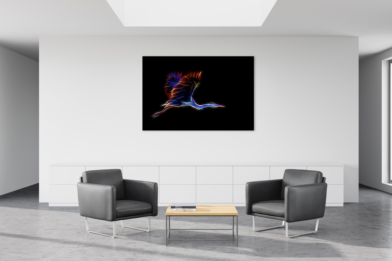 Une salle d'attente avec une photo d'art dans le style fusion accrochée sur le mur.