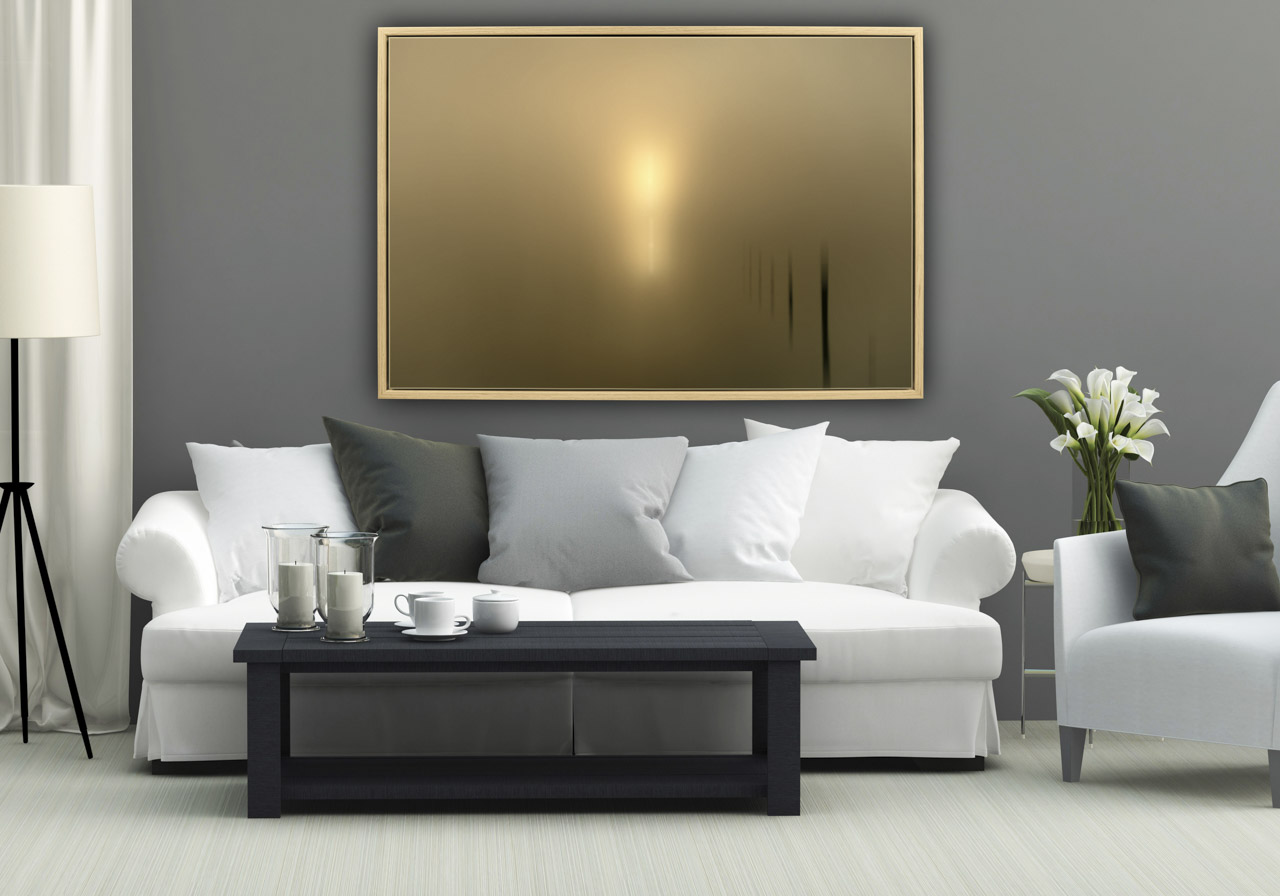 A living room with a photo in the style 'Impression' exposed on the wall. Rising sun in impression