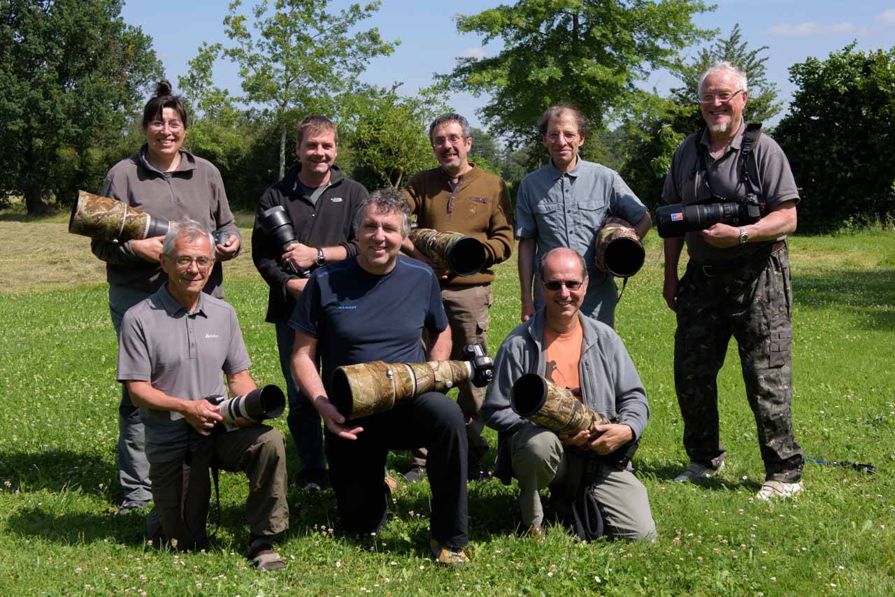 The participants of this wildlife photography workshop with floating blinds in La Dombes in June 9th, 2018: Nathalie, Daniel, Jean-Francois, Luc, Philippe J., Gerard, Robert et Philippe H.