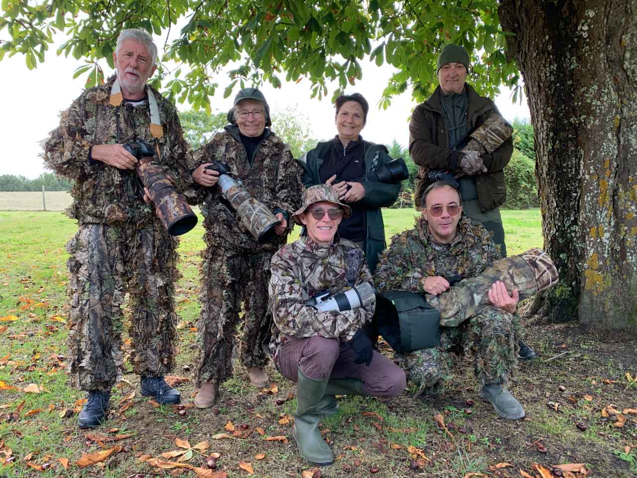 Les participants au stage de photo animalière brame du cerf en Charente-Maritime en septembre 2020 : Patrick, Françoise, Pascale, Rémi, Jean-Philippe et Pascal.