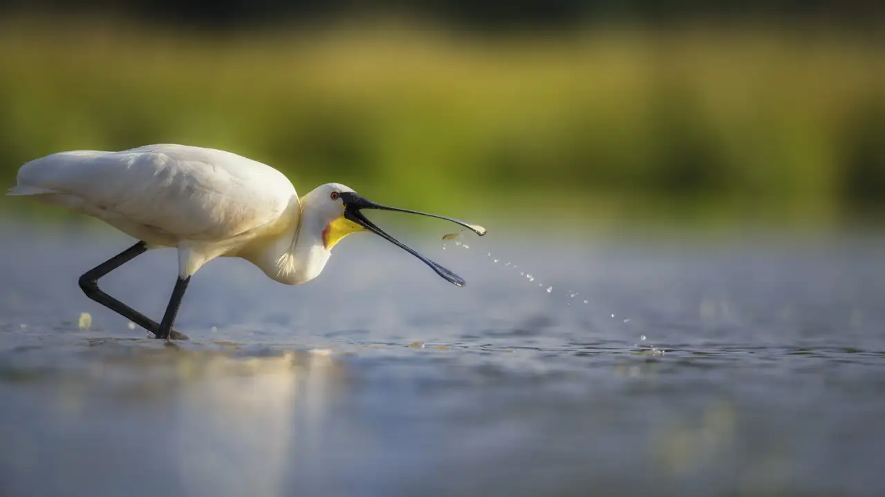 Une spatule blanche pêchant un poisson dans un étang de la Dombes.