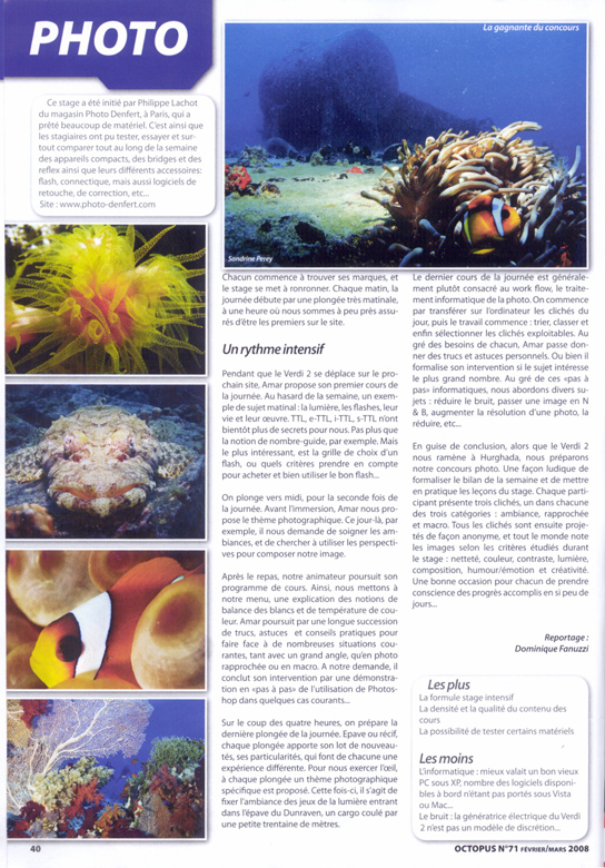 Article paru dans le magazine Plongée Magazine. Il relate le déroulement de nos stages photo sous-marine.