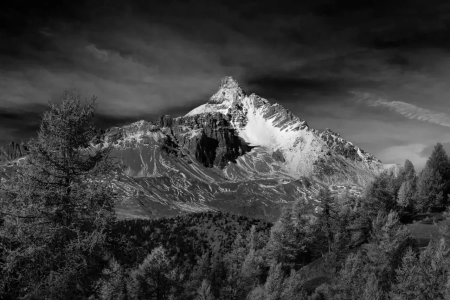 Landscape in black and white of the Queyras in the Hautes-Alpes in France.
