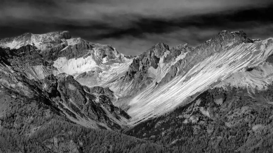 Landscape in black and white of the Queyras in the Hautes-Alpes in France.