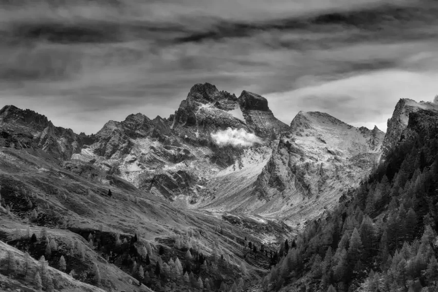 Landscape in black and white of the Queyras in the Hautes-Alpes in France.