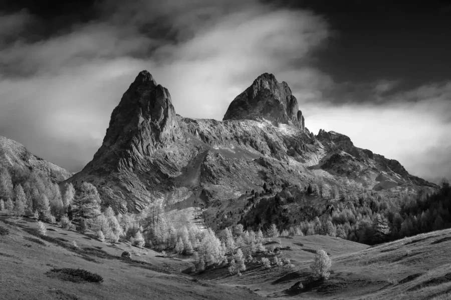 Landscape in black and white of the Queyras in the Hautes-Alpes in France.