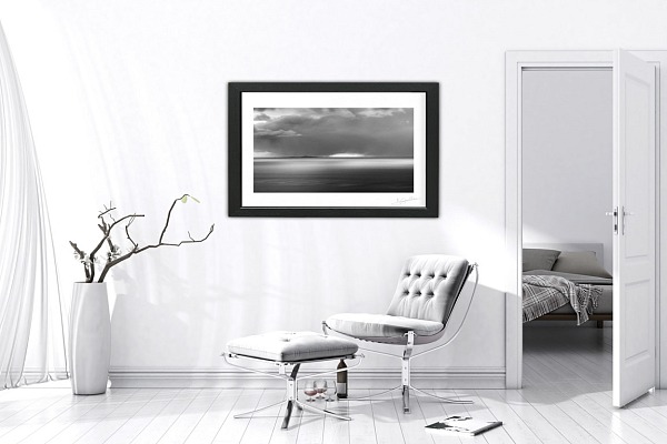 A fine art print in black and white of the Isle of Skye exposed in a contemporary and modern interior.
