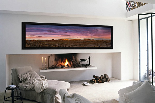 A color fine art print in a panoramic format of Valley of Fire in Nevada esposed in a sitting room.