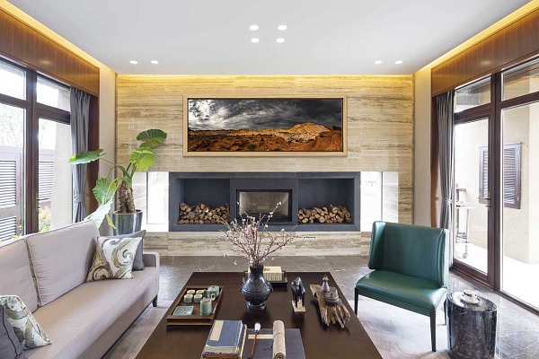 A color fine art print in a panoramic format of Valley of Fire in Nevada esposed in a sitting room.