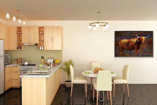 A fine art print showing a highland cow in fusion style displayed in a kitchen.