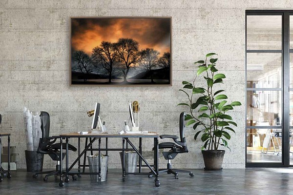 Une photo d'art du Loch Ness exposée dans un cabinet d'architectes. Un moment d'évasion énergiseant dans un bureau moderne.