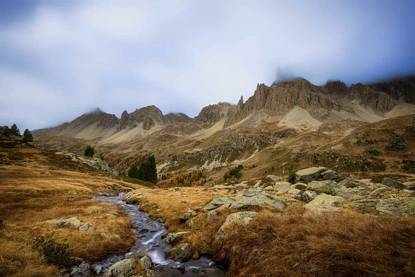 Landscape in color of la Clarée Valley in Alps in France. The photo shows the peak la main de Crépin.
