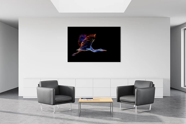 A waiting room with a photo in the style Fusion displayed on the wall. Grey Heron in Fusion.