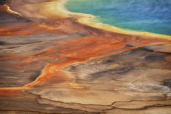 Landscape of Grand Prismatic Spring in Yellowstone. Photograph in color by Amar Guillen, photographer artist.