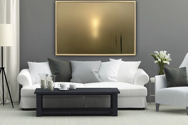 A living room with a photo in the style 'Impression' exposed on the wall. Rising sun in impression