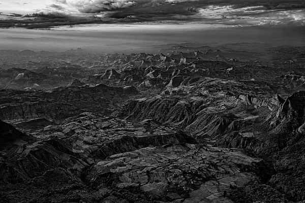 Landscape of the Simien Mountains in Ethiopia in black and white.