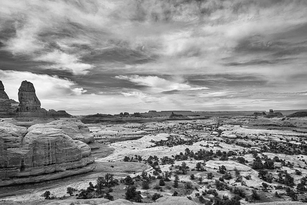 Landscape of the Needles in Canyonlands National Park in Utah. Fine art Photograph in black and white by Amar Guillen, photographer artist.