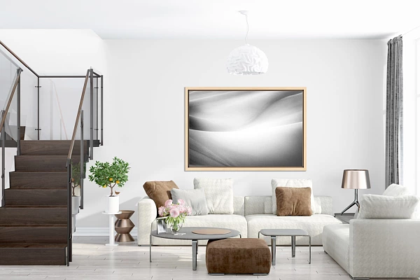 Example of a vacation home interior with a black and white fine photo art displayed on the wall.