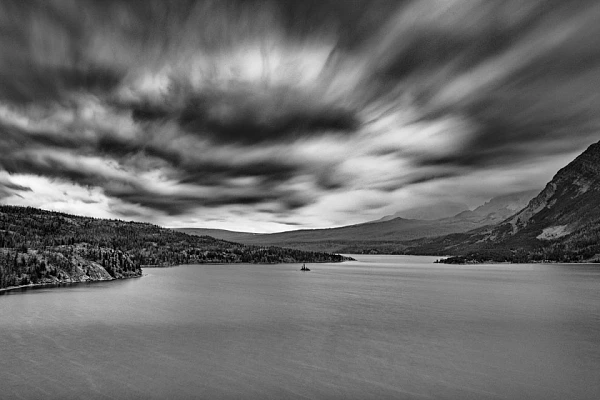Lake Mary in Glacier National Park in Montana in United States Fine art Photograph in black and white by Amar Guillen, photographer artist.