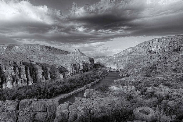 Landscape of Big Bend in Texas. The Rio Grande river: the border between Mexico and United States.