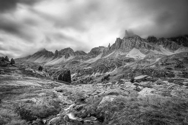 Landscape in black and white of Valley de la Clarée in the French Alps. Fine art Photograph in black and white by Amar Guillen, photographer artist.