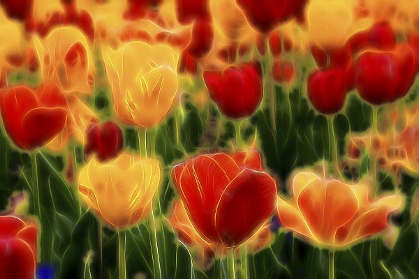 Yellow and red tulips blooming in spring. Fine art Photograph in color by Amar Guillen, photographer artist.