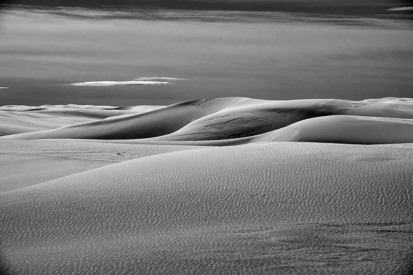 Landscape in black and white of the dunes of White Sand Dunes national park in New Mexico in United States