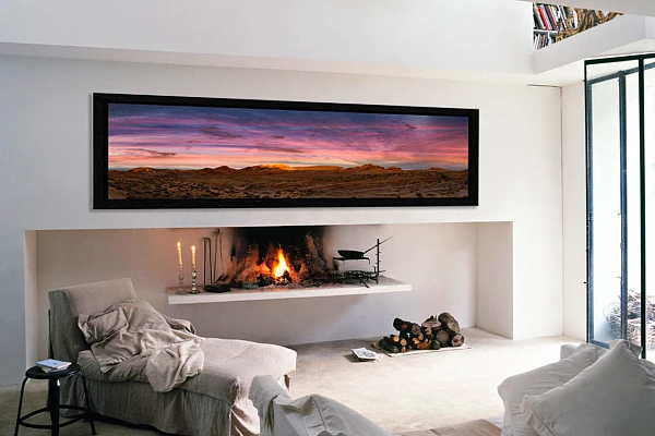 A fine art print of the collection 'Valley of Fire' displayed in a sitting room.